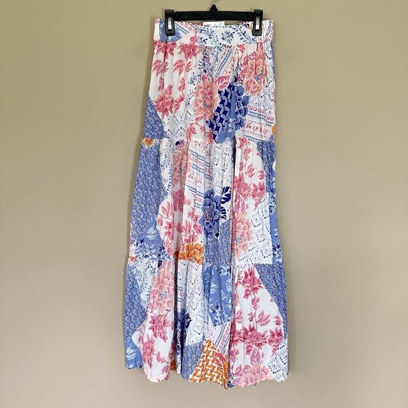 NWT Angie Tiered Maxi Skirt Women S Boho Floral Pink Blue Slit Patchwork Cottage - Picture 1 of 8